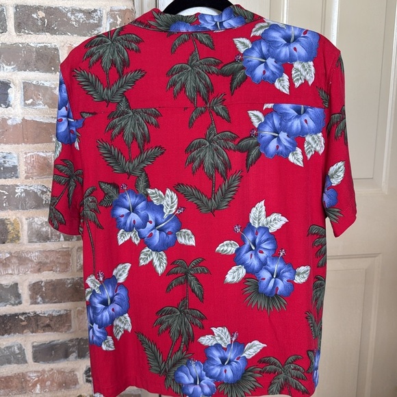 Caribbean Joe Red Aloha Hawaiian Shirt Purple Hibiscus & Green Palm Trees - Picture 3 of 9
